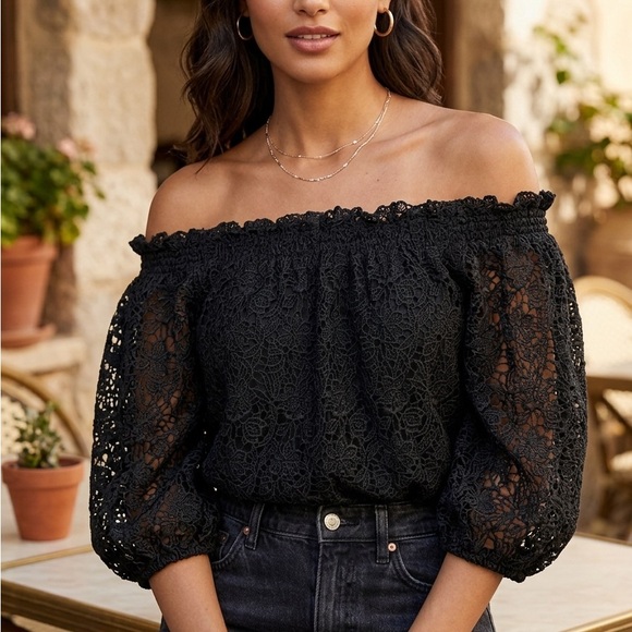 Maeve by Anthropologie Black Guipure Lace Off-The-Shoulder Top - Picture 10 of 10